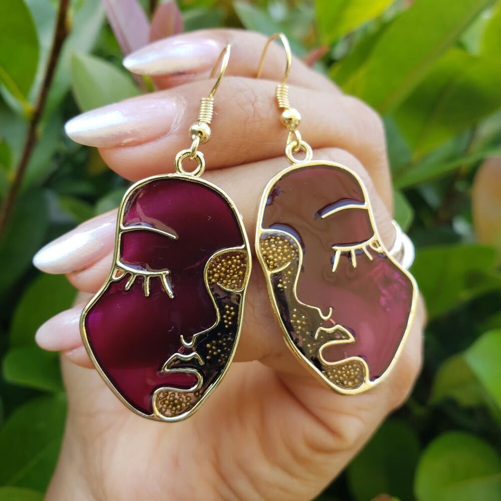 Gold Plated Purple Art Face Handmade Resin Jump Earrings Tones Verdes Jewelry